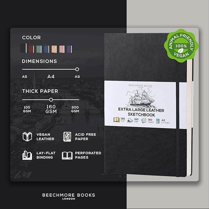 Beechmore Books A3 Mixed Media Sketchbook - 11.7x16.5 Extra Large Professional Studio Drawing Pad, 160 GSM / 98 lb Perforated Ivory Paper, Hardcover Lay-Flat Design, Gift Box for Artists & Watercolor