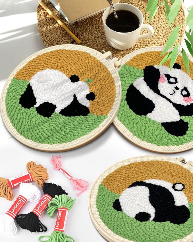 TINDTOP 3 Sets Punch Needle Kits, Panda Punch Embroidery Kits for Adults Beginner, Tool with Punch Needle Fabric, Hoops, Yarns and Sewing Needles