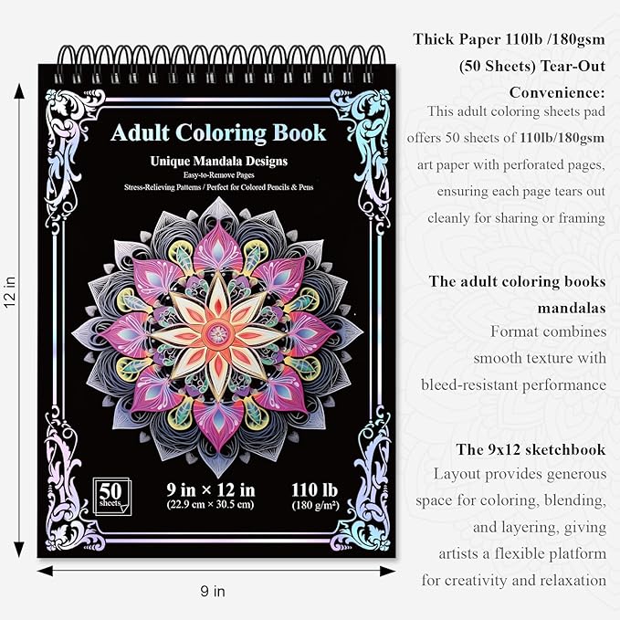 Mandala Coloring Book for Adults Hardcover: 50 Unique Designs Spiral Coloring Book for Adults with Perforated Pages. (Mandala Designs, 9 x 12 inches, 50 Sheets), Valentines Day Gifts.