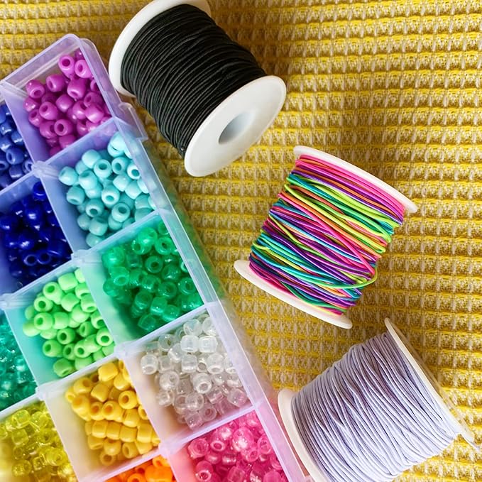 1.2mm Elastic Cord for Bracelets, Elastic Cord String for Bracelets Making, QBJAYTY 3-Color Beading Cord String for Bracelet Making, Elastic Black White Rainbow String