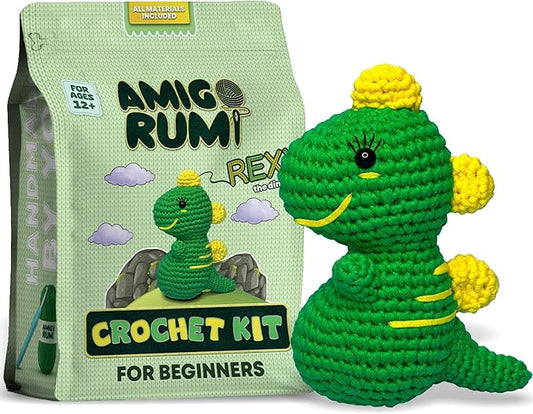 Amigo Rumi Cute Dinosaur Beginners Crochet Kit - Learn How to Crochet Starter Kit - 3+ Hour Video Tutorials & Crocheting Book - Easy to Stitch Yarn - Amigurumi Stuffed Animal for Kids 12+ & Adults
