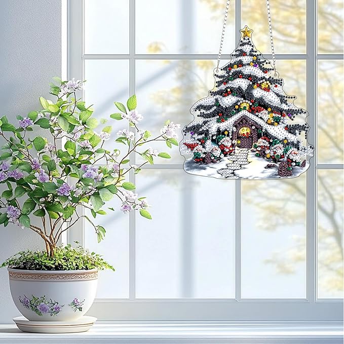 QENSPE Christmas Tree House Hanging Diamond Art with Chain,5D Special Shape Diamond Paingting Ornaments Kits,Festive Cottage Easy DIY Crystal Pendant Gem Art for Home Garden Wall Decor 8X8 inch