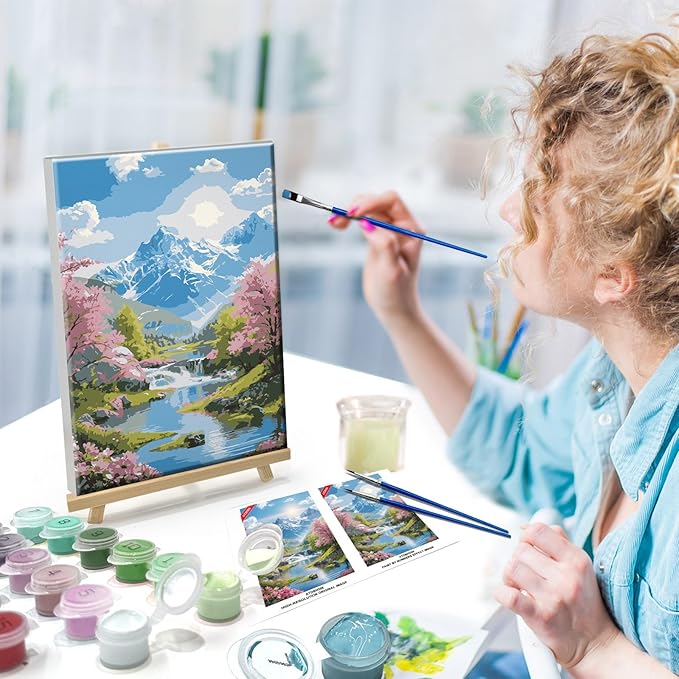 ATDMS Paint by Numbers Kits for Adult with Frame DIY Mountain Paint by Number with Easel Acrylic Sunset Oil Painting by Number for Wall Hanging Home Room Decor 7.87x11.81 Inch