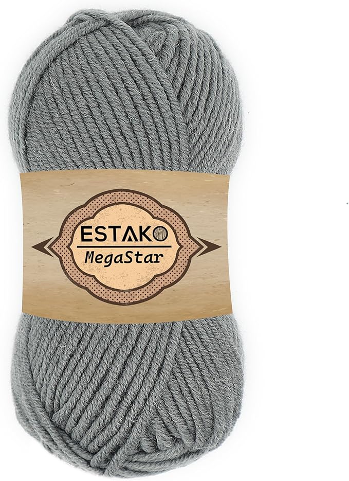 Estako Megastar, 75% Acrylic 25% Wool Yarn, Soft, Chunky Bulky Weight #5 for Crochet and Knitting 3.52 Oz (100g) / 120 Yrds (110m) (60974 - Light Grey)