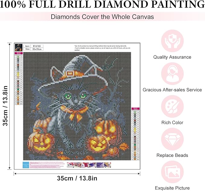 Yezavesu Halloween Diamond Art Kits for Adults, Black Cat Diamond Painting Kit for Beginners, Pumpkin 5D DIY Round Full Drill Painting with Gem Art Craft Kits for Home Wall Decor 14x14 Inch