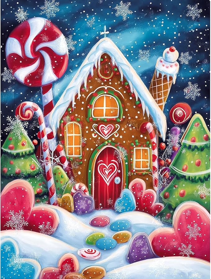 DIYDECORFUN Diamond Art Kits for Adults, 5D Winter Candy House Diamond Painting Kits for Beginner, DIY Full Round Drill Diamond Dot Gem Art Painting for Decor Holiday Gift 12x16 Inch