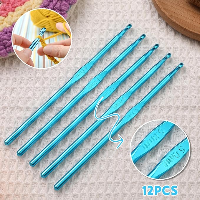 UzecPk 12Pcs 5mm Crochet Hooks Aluminum Ergonomic Handle Crochet Hook Set, Metal Crochet Needles Bulk for Arthritic Hands Crocheting Yarn