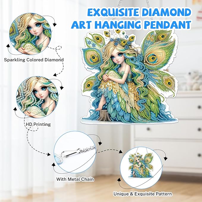 Bowetile Fairy Diamond Art Hanging Kits for Adults, 5D Special Shape Diamond Painting Peacock Pendant Kits, Animal Gem Art Suncatchers Painting Ornament for Home Garden Wall Decor