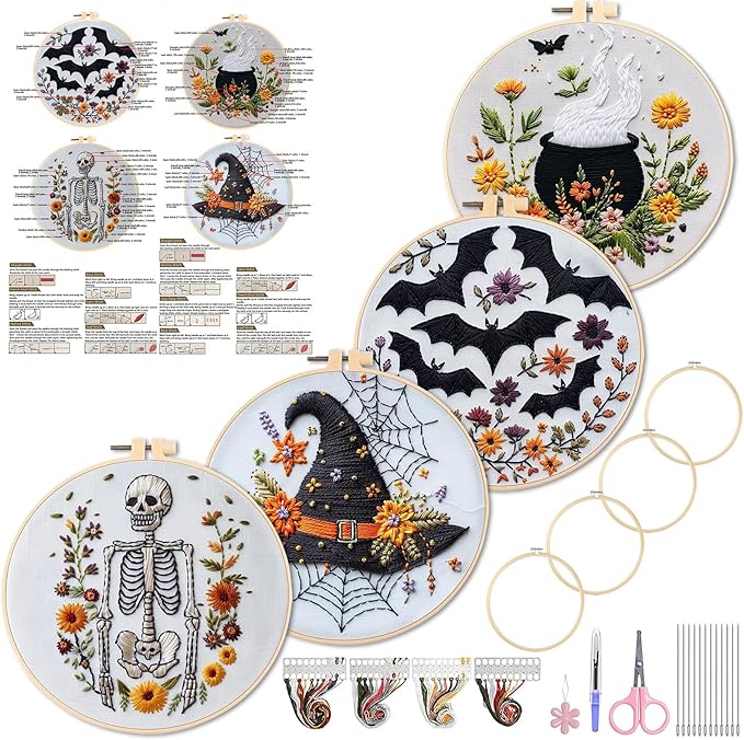 wkalxj 4 sets embroidery kits for beginners adults, cross stitch kits, needlepoint kits with instruction, video, needle point kits with bats cauldron hat skeleton patterns (4 sets c)