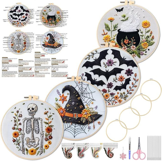 wkalxj 4 sets embroidery kits for beginners adults, cross stitch kits, needlepoint kits with instruction, video, needle point kits with bats cauldron hat skeleton patterns (4 sets c)