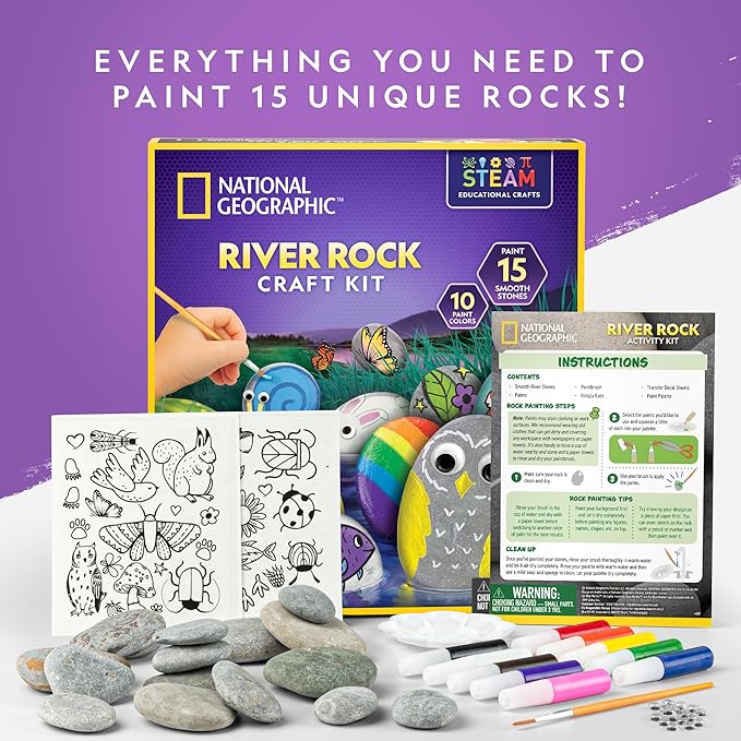 NATIONAL GEOGRAPHIC Rock Painting Kit - Arts and Crafts Kit for Kids, Paint & Decorate 15 River Rocks with 10 Paint Colors & More Art Supplies, Outdoor Toys for Girls and Boys, Easter Basket Stuffers