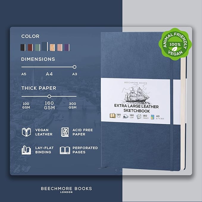 Beechmore Books A3 Mixed Media Sketchbook - 11.7x16.5 Extra Large Professional Studio Drawing Pad, 160 GSM / 98 lb Perforated Ivory Paper, Hardcover Lay-Flat Design, Gift Box for Artists & Watercolor