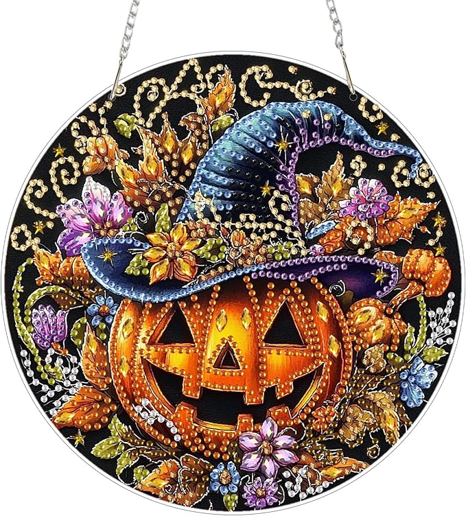 SENQAO Scary Pumpkin Diamond Art Hanging Kits for Adults, Acrylic Diamonds Painting Pendant Board Kit Halloween, Diamond Art Painting Window Pendants Home Garden Wall Hanging Kits Hanging Ornament