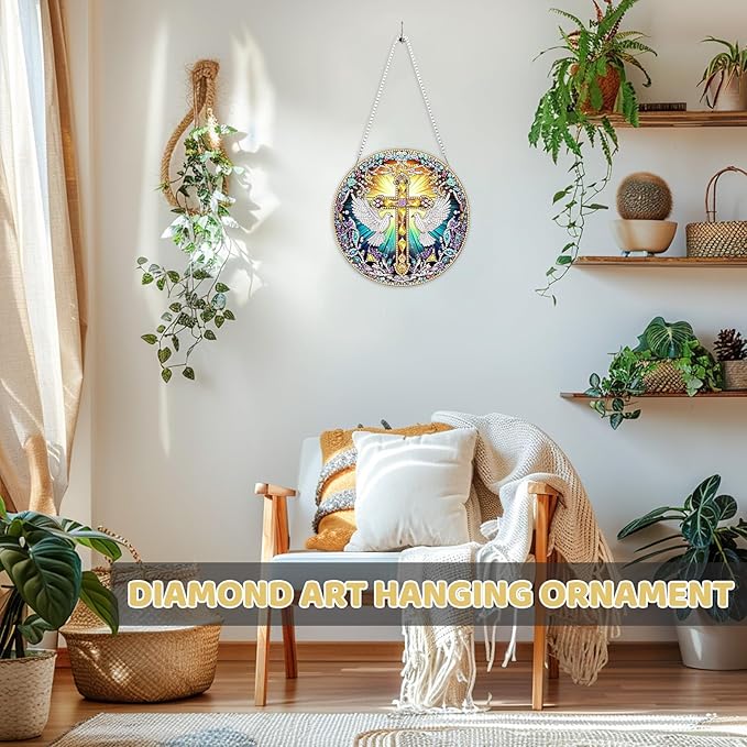 MEIYUDA Cross Diamond Painting Pendant Kits, DIY Round Cross Diamond Art Window Hanging Ornament for Adults, 5D Special Shape Rhinestone Pendant for Home Decoration
