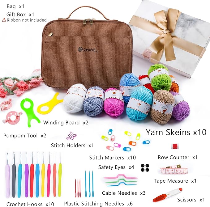 MYBAGZING Crochet Kit for Beginners with Yarn Storage Bag, 10pcs Crochet Hooks 2.0-6.0 mm, 10 Skeins Yarn for Crocheting, Knitting Accessories, 58pc Crochet Starter Kit for Adults