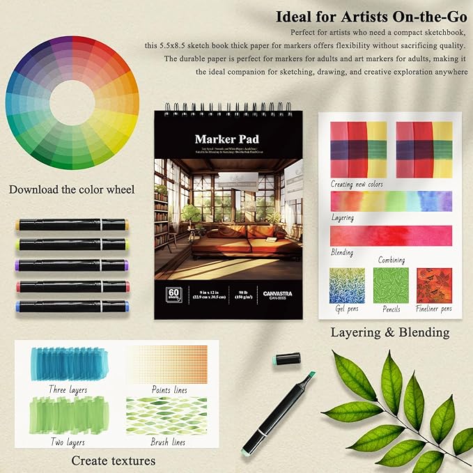 canvastra marker sketchbook 5.5x8.5, small marker paper pad, 90lb/150gsm paper for markers, 60 sheets sketch pad for alcohol markers, christmas gifts for grandkids.