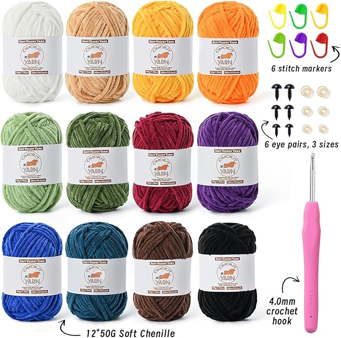 12 Pack Fluffy Velvet Yarn for Crocheting, Chunky Chenille Baby Yarn for Crocheting Soft Blanket, 787 yds Amigurumi Yarns for Knitting, Bulky Multicolored Crochet Yarns Set E