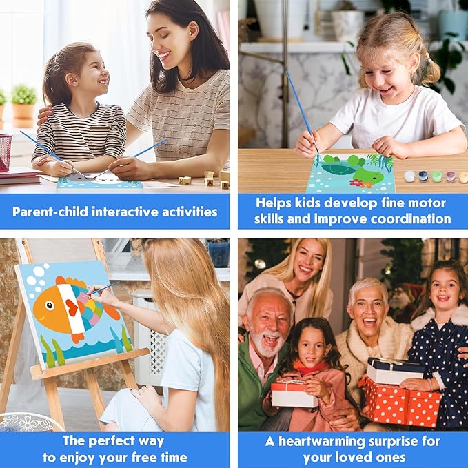 4 Pack Paint by Number for Kids with Wooden Frame, Cute Seal, Turtle, Fun Crab, Fish Paint by Numbers for Kids Ages 8-12, Cartoon, DIY Acrylic Oil Painting for Beginners for Home Wall Decor 8X8 inch
