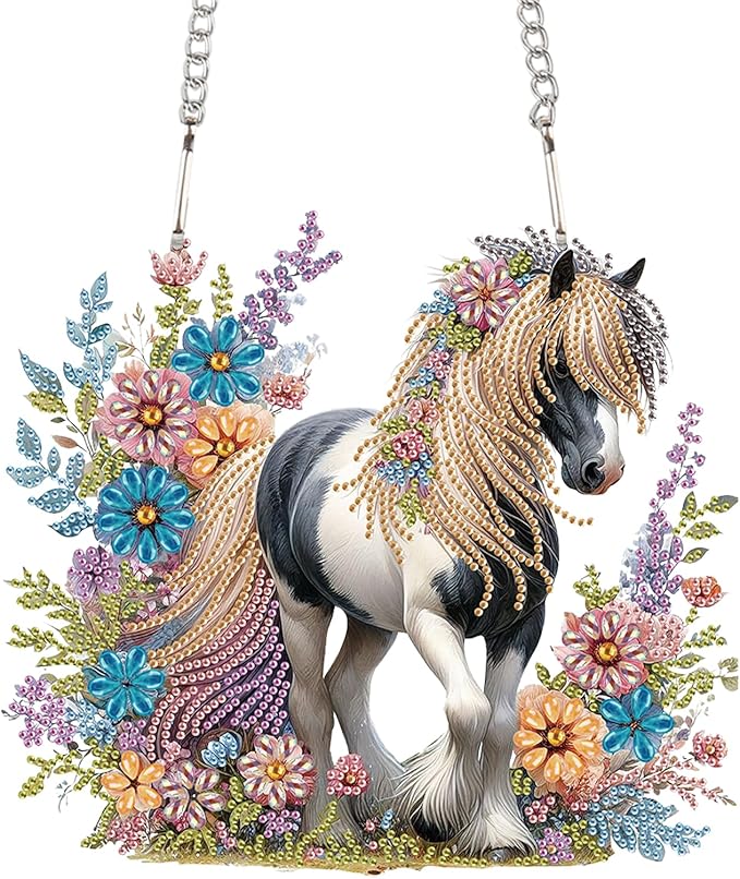JZHYOAN Horse Diamond Painting Arts Hanging Kit Acrylic Ornaments Craft Kits Crystal Art Pendant Wind Chimes with Diamonds Diamond Art Window Pendants Home Garden Wall Hanging Kits