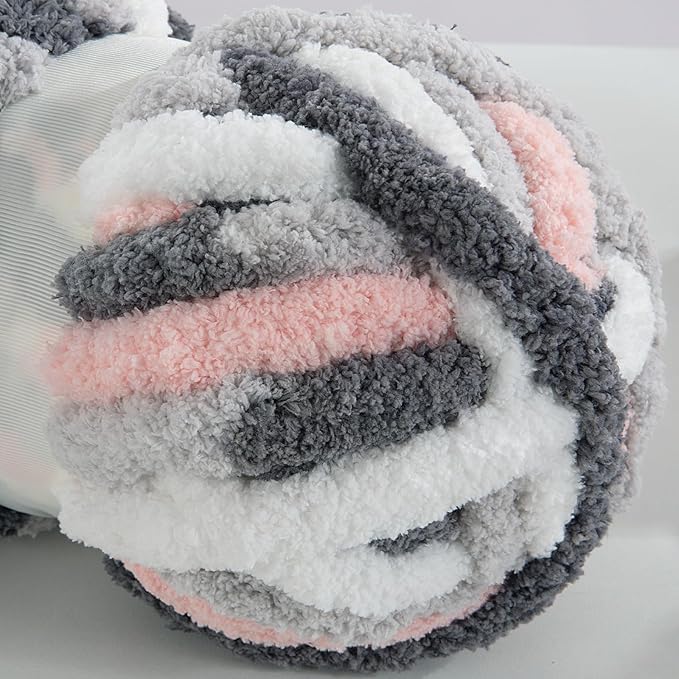 HOMBYS Chunky Tie Dye Mix Chenille Yarn for Hand Knitting, Super Bulky Jumbo Yarn for Crocheting, 3/4" Thick Soft Plush Yarn for Blankets, 8 Skein Pack (26 yds / 7.5 oz Each) Grey White Pink
