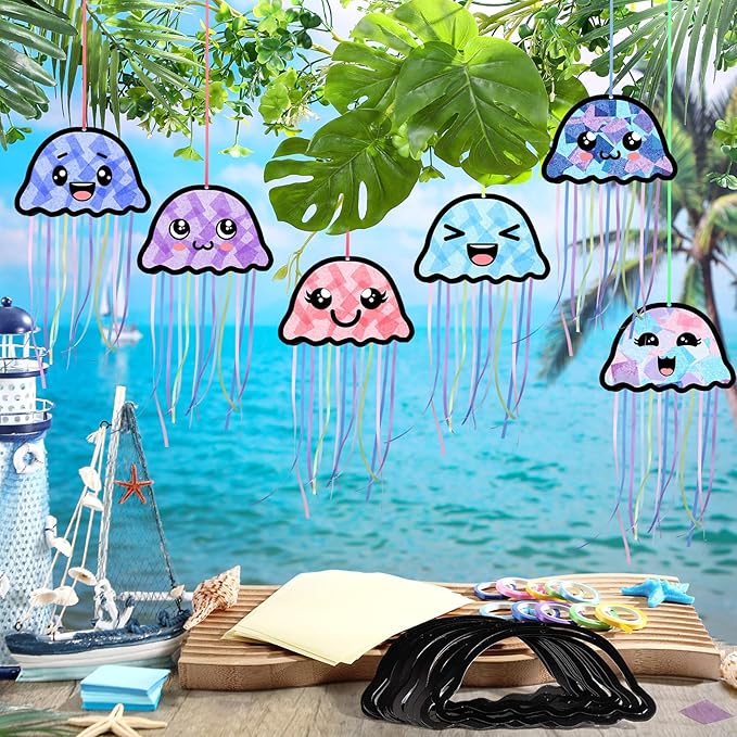 Yaomiao 30 Set Jellyfish Suncatchers Paper Crafts Summer Kit DIY Jellyfish Shaped Stained Glass Effect Tissue Paper Hanging Suncatchers for Ocean Mermaid Under The Sea Birthday Party Favor