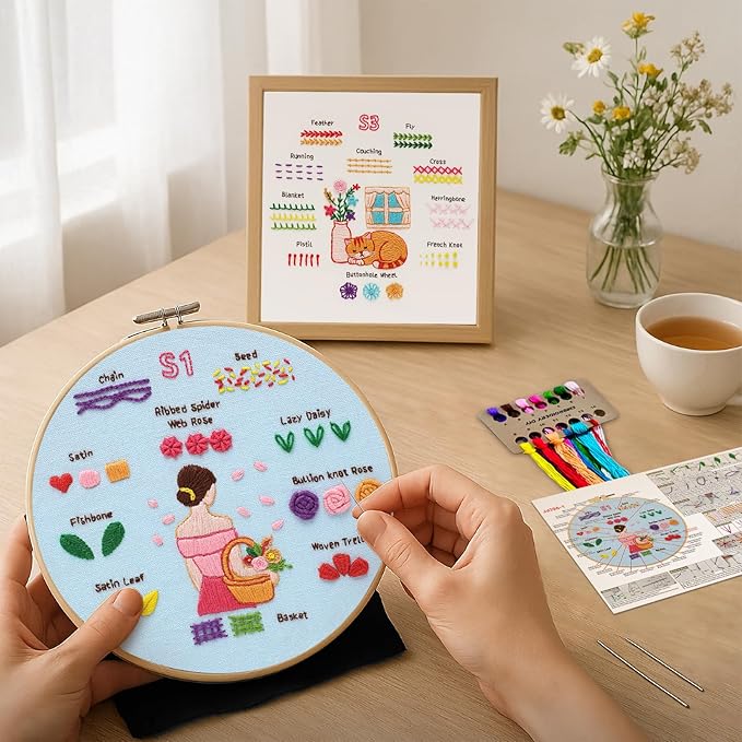 Nuberlic 3 Pack Embroidery Kit for Adults Beginners - Learn 28 Stitches Practice Samplers Starter Cross Stitch Kit DIY Needlepoint with Hoop, Color Threads, Needles and Step-by-Step Instructions
