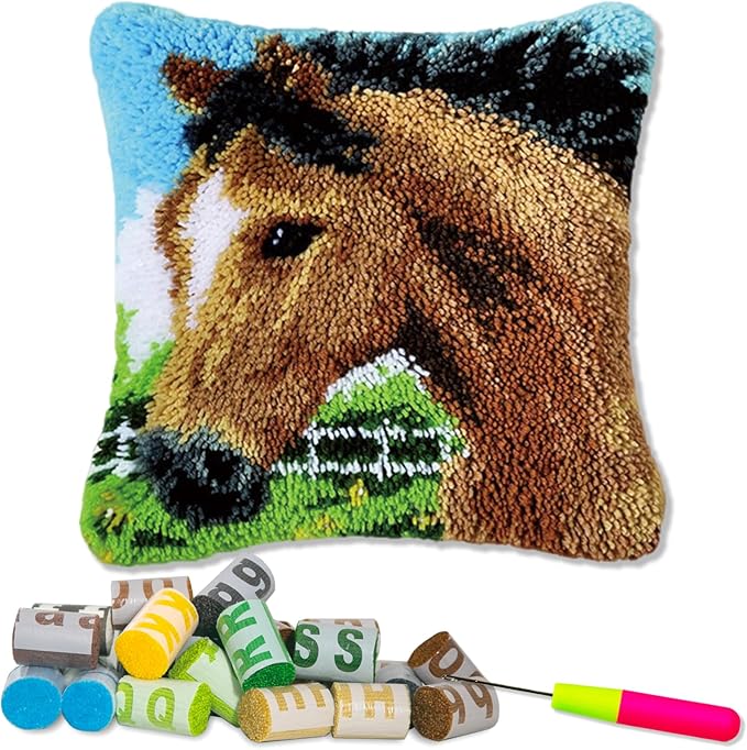 LAPATAIN Latch Hook Kits for DIY Throw Pillow Cover,Needlework Cushion Cover Hand Craft Crochet for Great Family 17X17inch(Brown Horse)