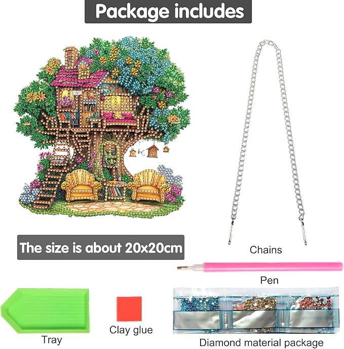 Bimkole Tree Diamond Art Hanging Kit for Adult, DIY 5D Diamond Art Houses Window Pendant, Acrylic Crystal Art Hanging Ornament Home Wall Garden Front Door Sign Outdoor Decor 7.8x7.8 Inch