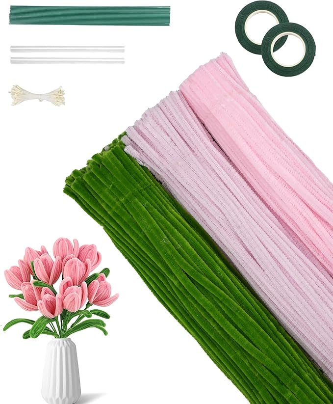 300 Pcs Pink and Green Thick Pipe Cleaners Craft Supplies for Floral Bonquet DIY Flower Making Kit for Starter with Floral Wires, Gardening Tape,Stamen Gift Wrapping Party Decor