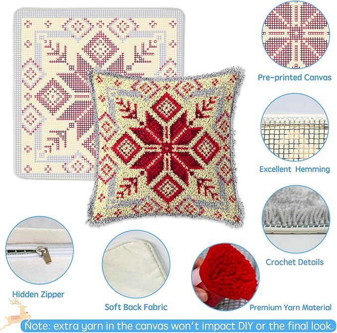 MIAOLLUN Latch Hook Kit, Christmas Latch Hook Kits for Adults DIY Decorative Pillowcase Embroidery Cross Stitch Arts Craft for Home Sofa Furniture 17X17inch Snowflake