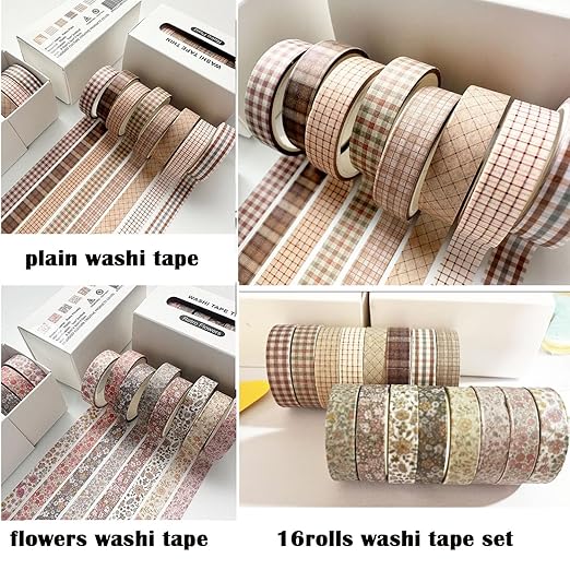 16Rolls Vintage Washi Tape Set, Plaid washi Tape Thin Decorative Tapes for Arts, DIY Crafts, Journals, Planners, Wrapping Tapes for Scrapbook Supplies,Bullet,Gift Wrapping