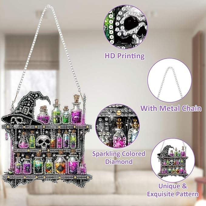 SENQAO Halloween Diamond Art Hanging Kits for Adults Beginners, DIY Acrylic 5D Special Shaped Crystal Diamond Gem Art Painting Hanging Ornament for Home Wall Decor and Gift（Magic Potion Skull）