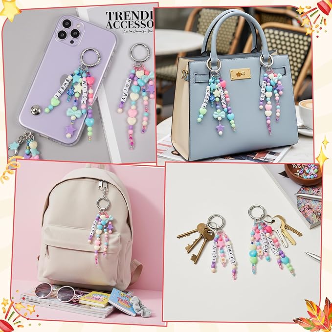 WATINC DIY Keychain Making Crafts Kits - Adjustable Letter Alphabet Beads Strings Keychain Flower Star Bow Beads Bulk, Bag Charms with Key Ring Supplies Jewelry Accessories Making Kit (2355PCS)