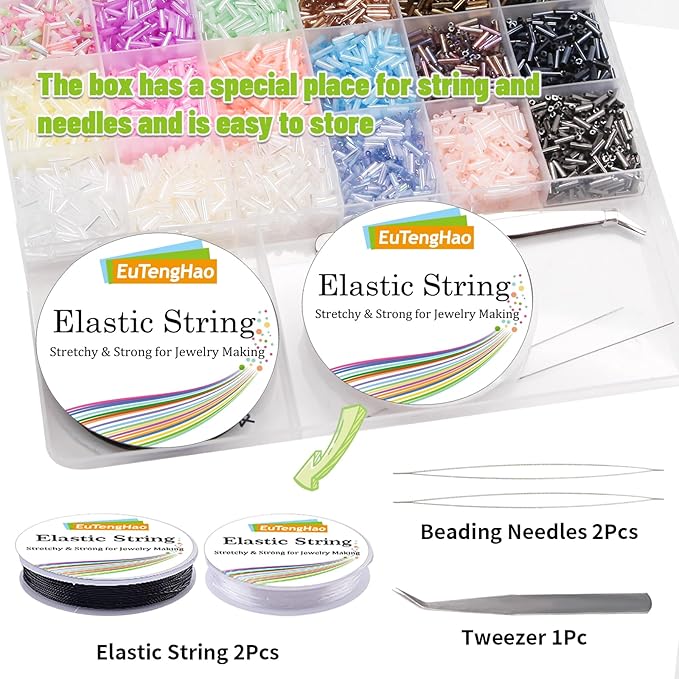 EuTengHao 14400pcs Tube Beads Kit, Glass Bugle Seed Beads Small Craft Beads for DIY Crafting Jewelry Making Supplies (7mm, 300 Per Color, 48 Colors)