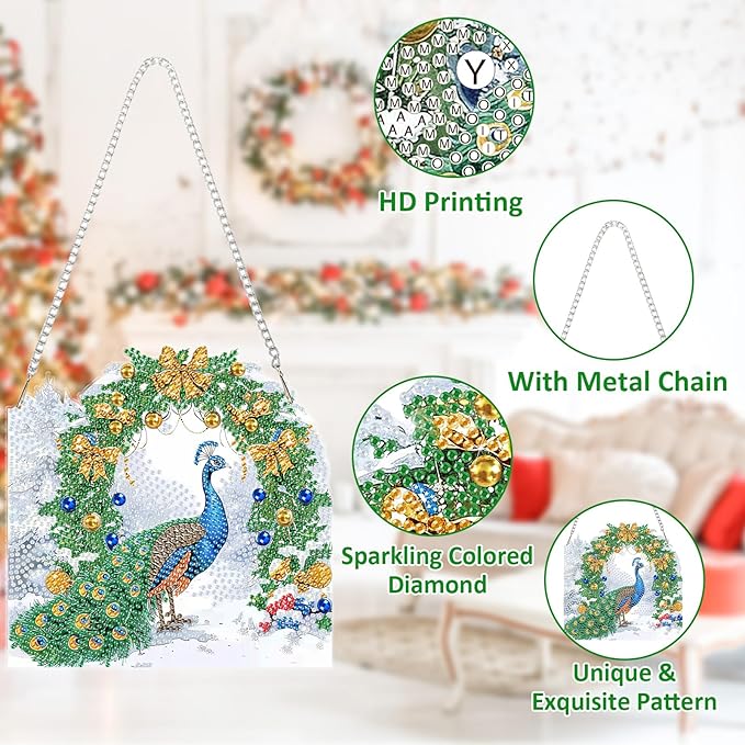 SENQAO Christmas Diamond Art Hanging Kits for Adults Kids, Peacock Diamond Art Suncatchers, 5D Special Shape Diamond Painting Pendant Window Ornament Gifts for Home Door Wall Decor