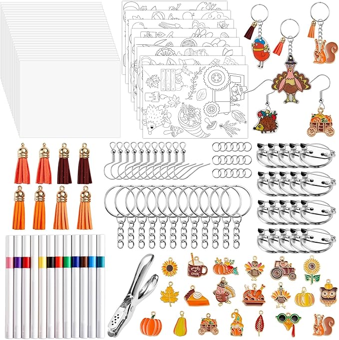 231Pcs Fall Thanksgiving Heat Shrink Plastic Sheet Kit Includes Shrinking Film Art Paper, Hole Punch, Keychains, Jump Rings, Tassels, DIY Heat Shrink Art Kit for Adults Creative Craft Marking