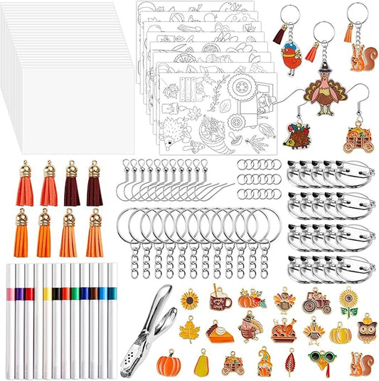 231Pcs Fall Thanksgiving Heat Shrink Plastic Sheet Kit Includes Shrinking Film Art Paper, Hole Punch, Keychains, Jump Rings, Tassels, DIY Heat Shrink Art Kit for Adults Creative Craft Marking