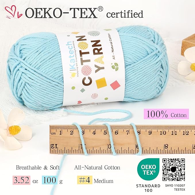 Katech 1OO% Cotton Yarn for Crocheting & Knitting-4 Pack of 100g/3.52 oz-4 Medium (Worsted) Cotton Crochet Yarn-Soft & Breathable-Ideal for Dishcloths, Baby Clothes, Potholders & Summer Projects(E)