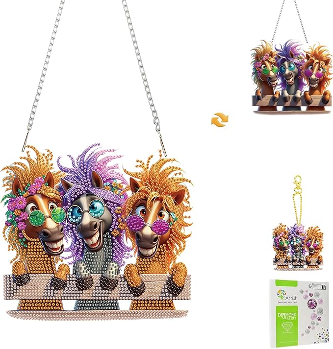 Masendp 3-Horse Diamond Painting Double-Sided Wall Hanging Set, DIY Irregular Shaped Rhinestone Window Decoration Set, Suitable for Home and Garden Wall Decoration Gifts