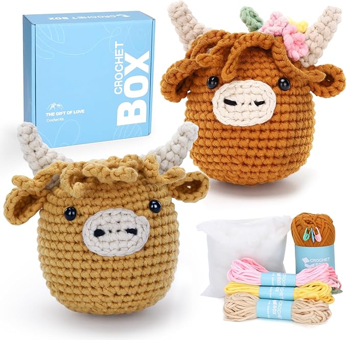 CrochetBox Crochet Kit for Beginner, 2 PCS Highland Cow Easy Learn How to Crochet Stuffed Animals Gift for Adults and Teen(), Knitting Set with Yarn Hook Stitch-by-Stitch Video Tutorial