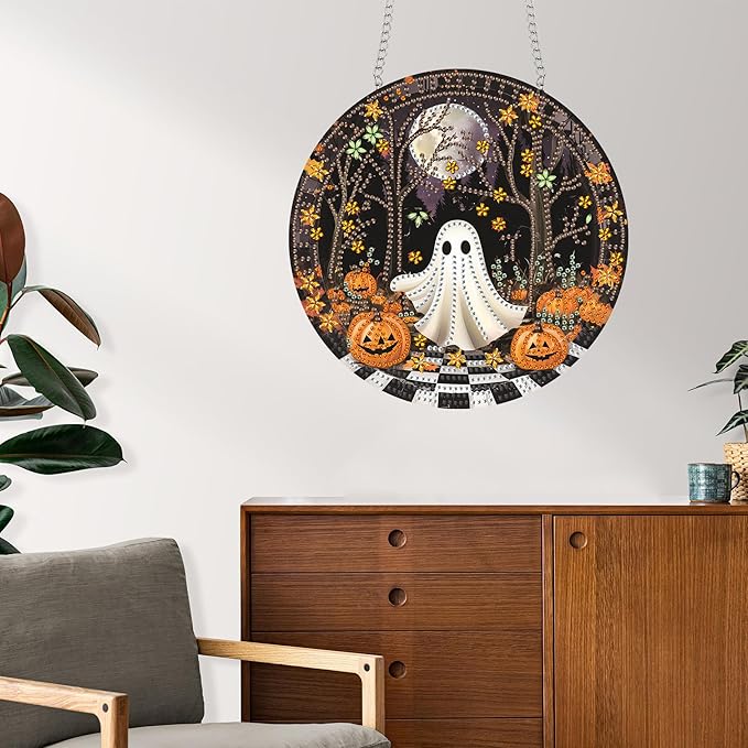 Reofrey Hanging Diamond Art Kits for Adults - 8x8 Inch Halloween Ghost Acrylic Board Double Sided Pattern Diamond Art Suncatcher Pendant, Crystal Art for Wall or Window Decoration Handmade Gift