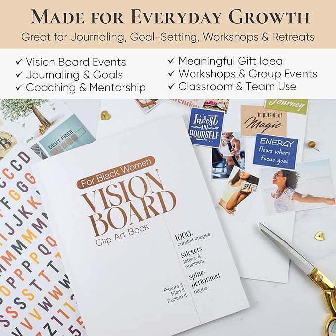 Vision Board Book for Black Women | 1000+ Vision Board Supplies, Pictures, Quotes & Letter/Number Stickers | Magazine-Style Clip Art Collage Book for Goal Setting & Manifestation