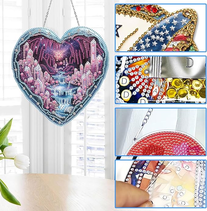 Reofrey Hanging Diamond Art Kits for Adults– 8x8Inch Landscapes Hanging Ornament Acrylic Board Double Sided Pattern Crystal Diamond Art Suncatcher Pendant, for Window Home Decoration Handmade Gift
