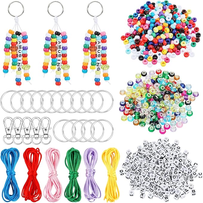 BEEFLYING 750 Pcs DIY Bead Keychain Kit Key Chain Making Crafts Letter Beads Strings Adjustable Alphabet Key Ring Jewelry Backpack Accessories Holiday Party Festival Favor Gift (Mixed Colors)
