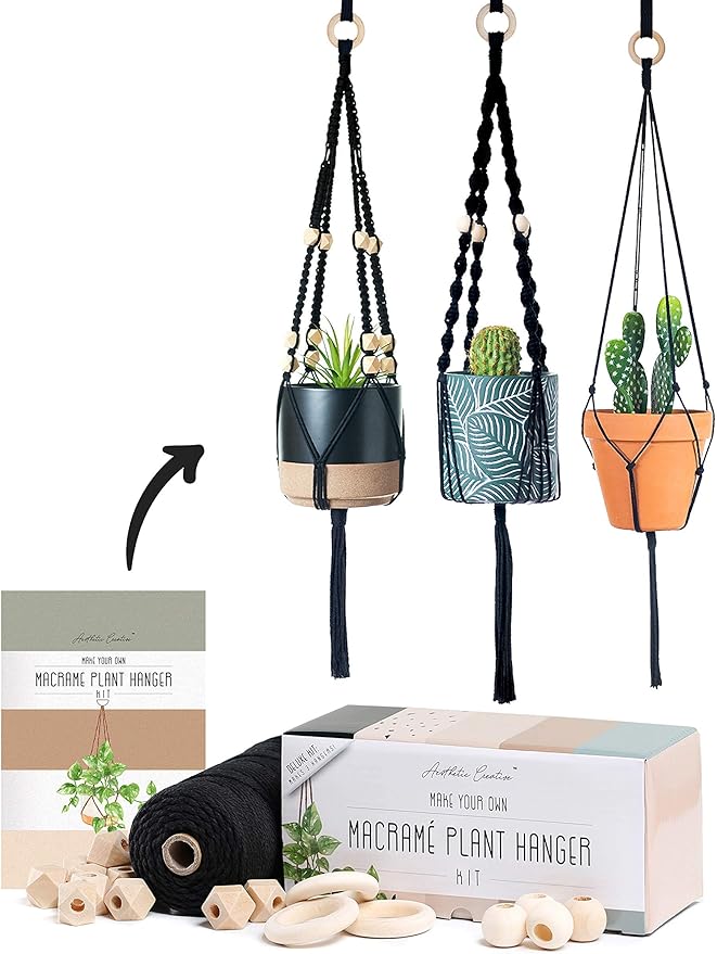 Macrame Kit-Black Edition-Makes 3 Macrame Plant Hangers with Easy to Follow Instructions for Adult Beginners - Includes 109 Yards 3mm Cotton Macrame Cord, Wooden Beads & Custom Instruction Booklet