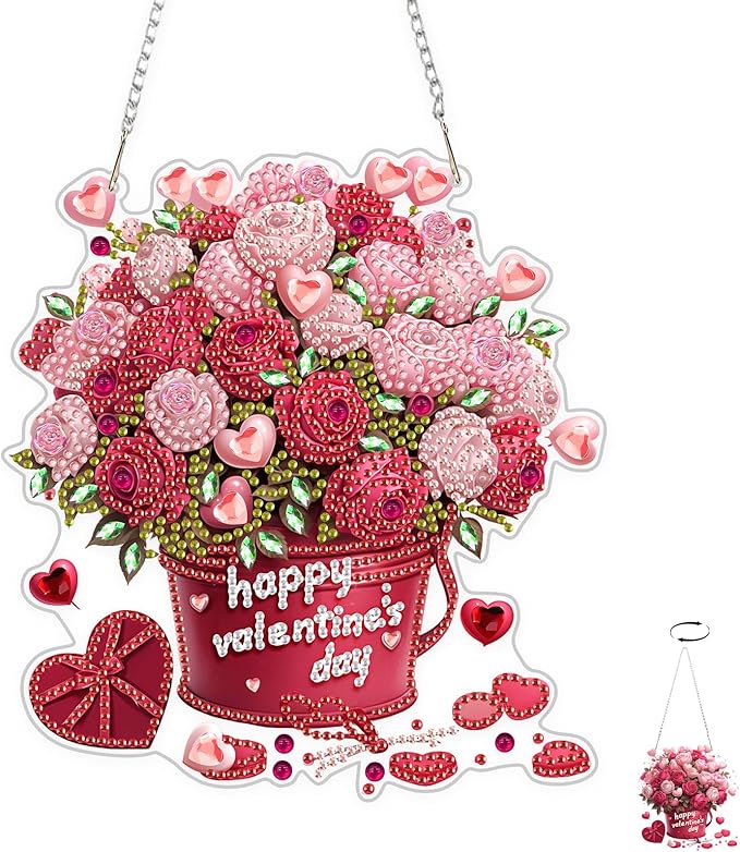 TOSTOG Diamond Art Hanging Kits for Adults, Flower Diamond Painting for Adults Window Pendant, Valentine Special Shape Diamonds Diamond Painting Hanging Pendant Kit for Wall Home Decor Gift