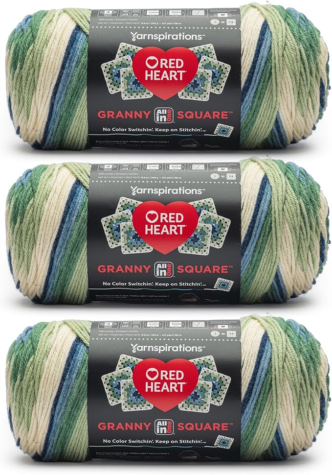 Red Heart All in One Granny Square Aran - Lily PAD Yarn - 3 Pack of 250g/8.8oz - 100% Acrylic - #4 Worsted (Medium) - 381m/417Yards - for Knitting, Crochet and Amigurumi