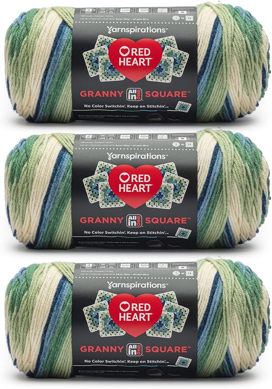 Red Heart All in One Granny Square Aran - Lily PAD Yarn - 3 Pack of 250g/8.8oz - 100% Acrylic - #4 Worsted (Medium) - 381m/417Yards - for Knitting, Crochet and Amigurumi