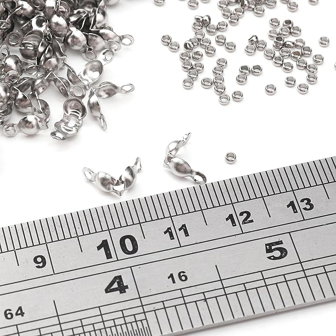 304 Stainless Steel Crimp Beads 2.0mm and End Caps 4x8mm Set 200pcs for Jewelry DIY Making and Repairing