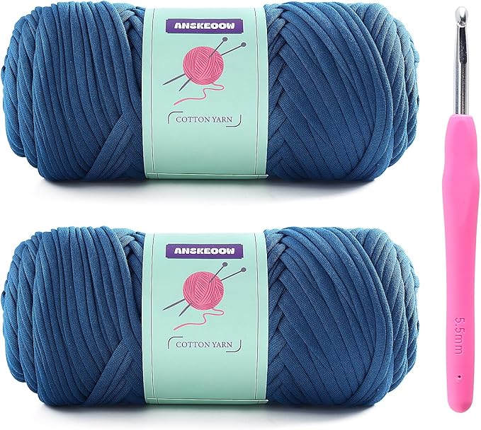 2 Skeins Tshirt Yarn for Crochet,Soft T Shirt Yarn for Crocheting Bag/Basket/Home Decor,Trapillo para Tejer a Crochet Bolsas with 1 Crochet Hook,Each Ribbon Yarn 7oz, 65yd (Denim Blue)